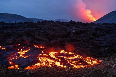 Bright fiery pools near the Iceland volcano